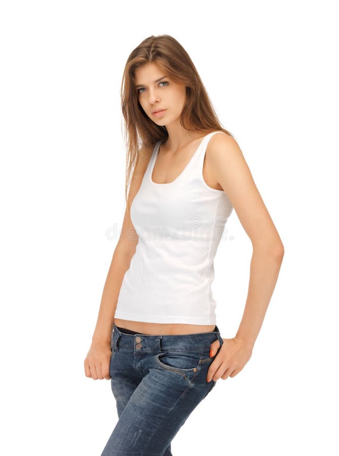 Calm and Serious Woman in Blank White T-shirt Stock Image - Image of ...