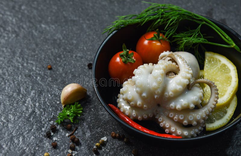calmar faisant cuire l'ail et l'aneth de citron de tomate de piments d'herbes et d'épices de poulpe de plat de fruits de mer de c images stock calmar faisant cuire l'ail et l'aneth de citron de tomate de piments d'herbes et d'épices de poulpe de plat de fruits de mer de c images stock
