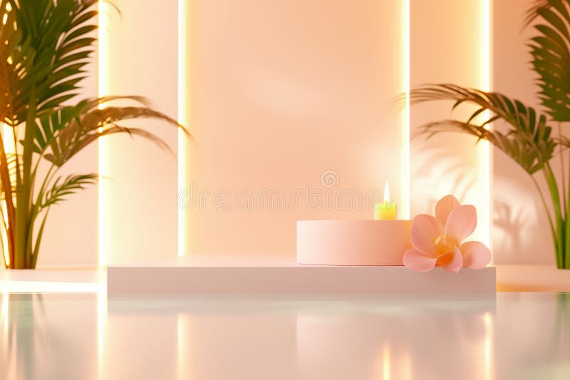 A calming spa environment showcases a soft glowing candle resting on a light-colored platform, accompanied by a delicate stock image