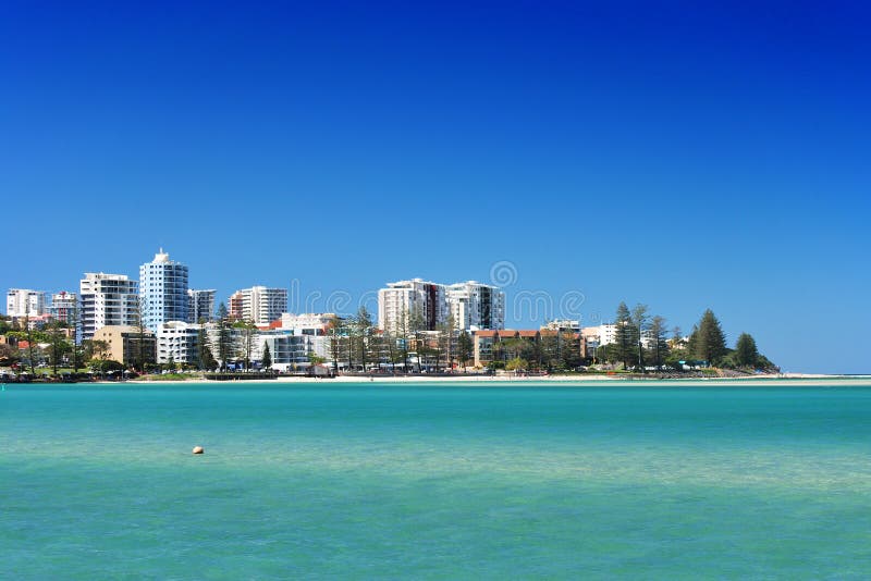 Caloundrara beach resort. Scenic view of high rise buildings on shoreline of Caloundra beach resort on the Sunshine Coast with sea in foreground, Queensland stock photography Caloundrara beach resort. Scenic view of high rise buildings on shoreline of Caloundra beach resort on the Sunshine Coast with sea in foreground, Queensland stock photography
