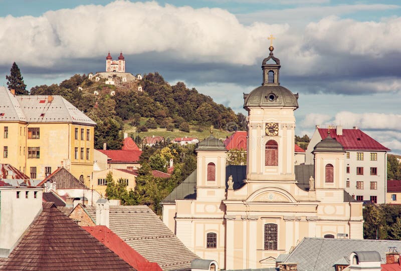 Calvary and Church of the assumption in Banska Stiavnica, red filter