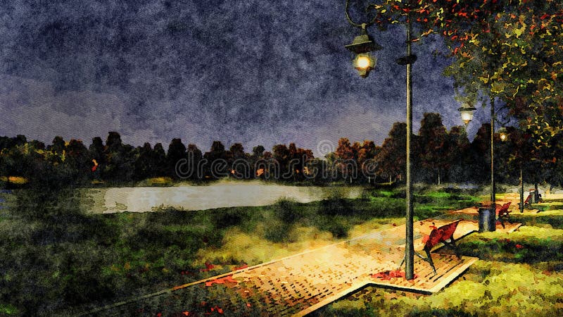 Calzada del parque en el paisaje de la acuarela de la noche del otoño stock de ilustración Calzada del parque en el paisaje de la acuarela de la noche del otoño stock de ilustración
