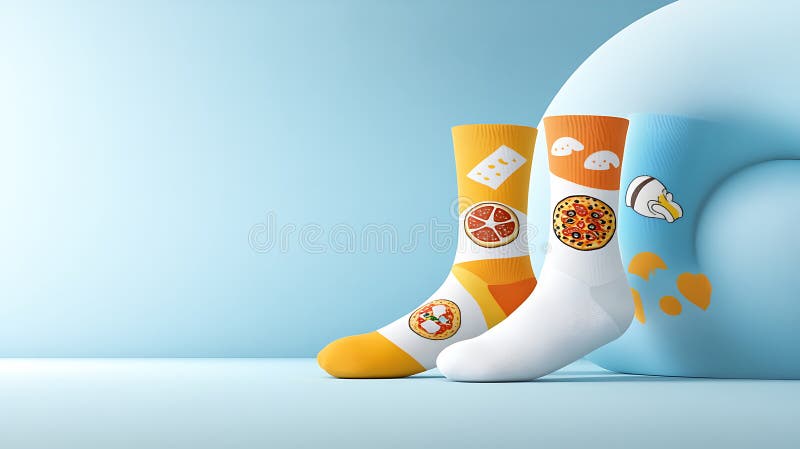 Calzini colorati e nuovi con pizzeria e cibo perfetti per una moda divertente. questi calzini giocosi aggiungono un tocco bizzarro illustrazione vettoriale
