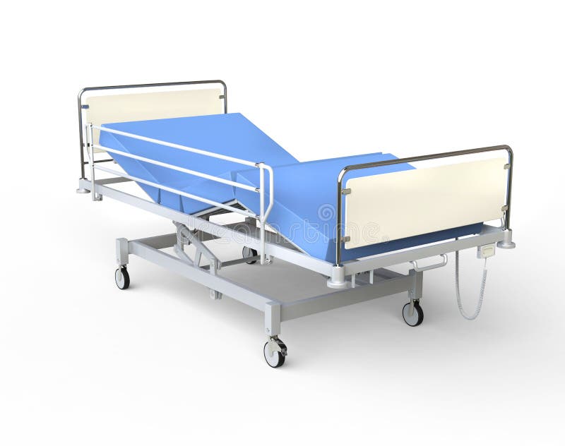 Cama de hospital con el lecho azul - visión correcta stock de ilustración Cama de hospital con el lecho azul - visión correcta stock de ilustración
