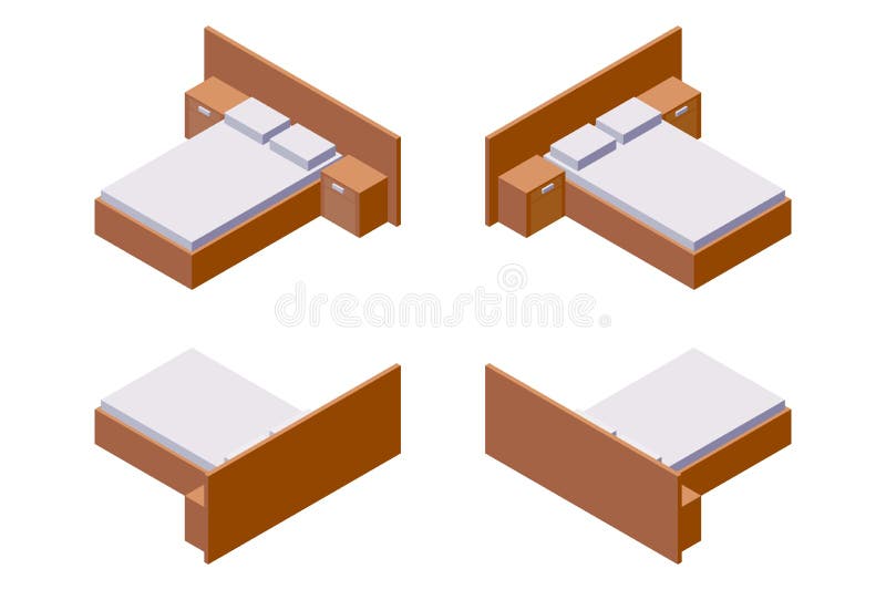 Habitación doble con las mesitas de noche en estilo isométrico en el escorzo diferente. Aislado en la colección de madera blanca b libre illustration