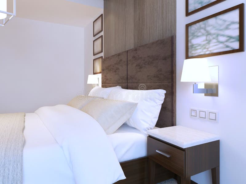 Cama Matrimonial Hermosa En Dormitorio Verde Oliva Foto de archivo