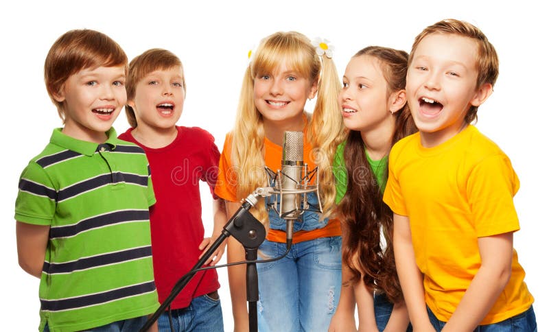 Classmates singing together standing with microphone. Classmates singing together standing with microphone