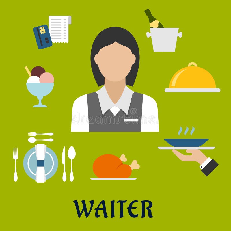 Camarera con el utensilio y la comida del restaurante stock de ilustración Camarera con el utensilio y la comida del restaurante stock de ilustración