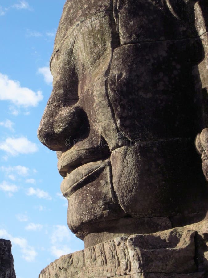 Cambogia, Angkor, pietra sorriso viso sul Tempio di Bayon, vista laterale.