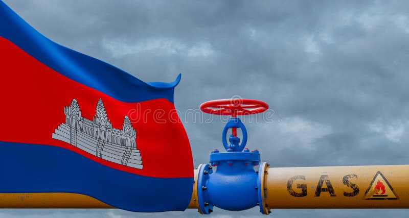 Cambodia gas, valve on the main gas pipeline Cambodia, Pipeline with flag Cambodia, Pipes of gas from Cambodia, 3D work and 3D stock illustration