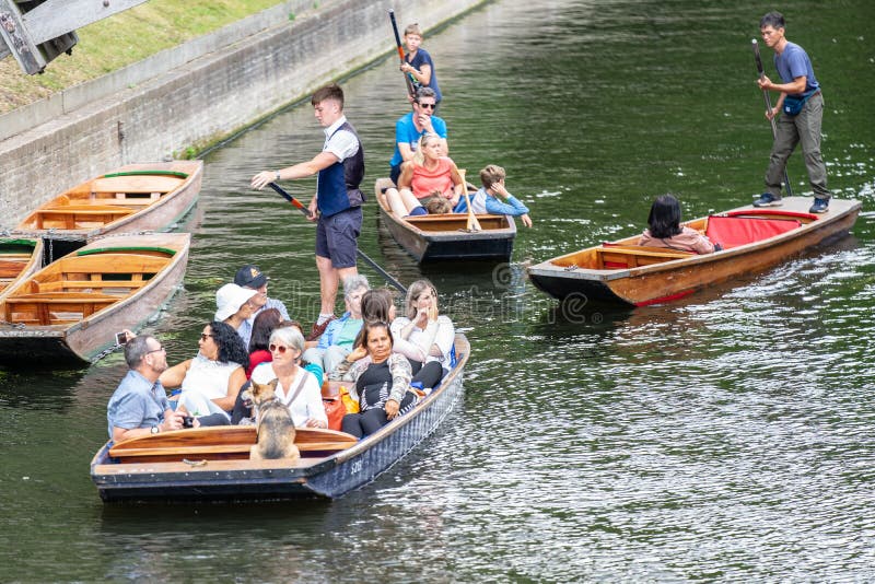 Cambridge, UK, August 1, 2019. A punt is a flat-bottomed boat with a square-cut bow, designed for use in small rivers or other