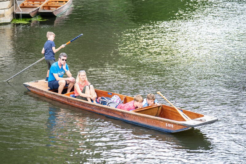 Cambridge, UK, August 1, 2019. A punt is a flat-bottomed boat with a square-cut bow, designed for use in small rivers or