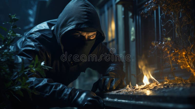 Cambrioleur masqué s'introduisant dans la maison la nuit concept de crime danger et intrusion illustration de vecteur