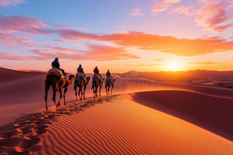 Camel caravan in desert sand dunes. Camel caravan going through the sand dunes in the Sahara desert at sunset. Generative AI. AI generated