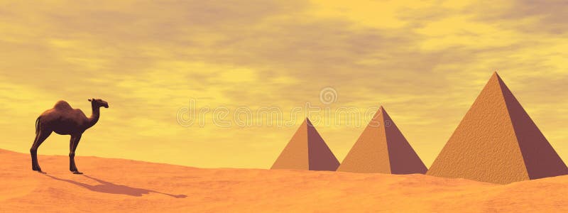 Camel and mysterious pyramids - 3D render stock illustration