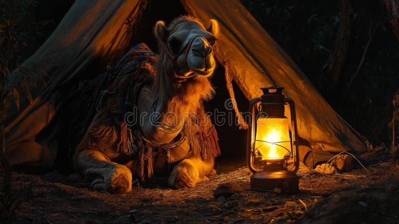 Camel Rests in der Nähe von Lantern durch Zelt in der Nacht lizenzfreie abbildung