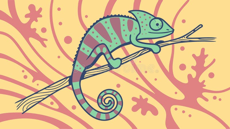 Cameleon colorat pe ramură cu design vectorial de fundal cu model abstract stock illustration