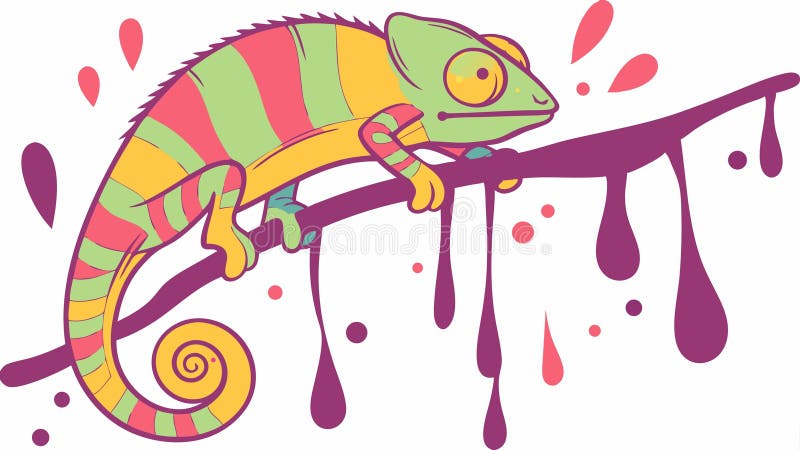 Cameleon pe ramură picurare vopsea. Camuflaj colorat. design vectorial IA generativă royalty free illustration