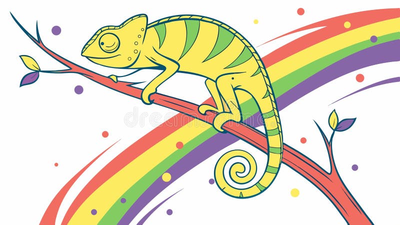 Cameleon verde pe ramură cu un design vectorial de ilustrare a arcului curcubeu Generative AI stock illustration