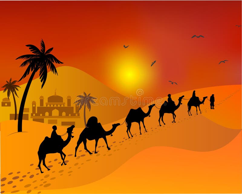 Camellos de la caravana que pasan a través del desierto paisaje musulmán del este libre illustration Camellos de la caravana que pasan a través del desierto paisaje musulmán del este libre illustration