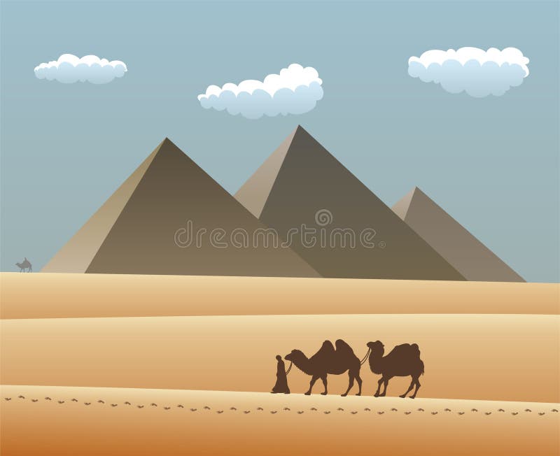 Camels and bedouin in desert stock illustration