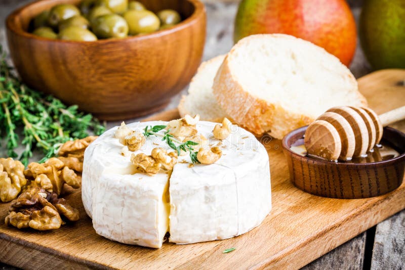 Camembert Cheese with Walnuts, Honey and Baguette Stock Image Image