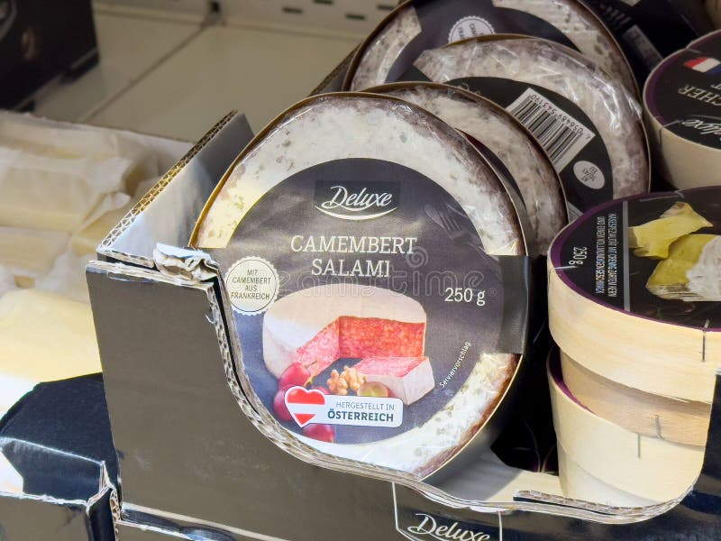 Camembert salami packaging design with creamy texture and austrian origin label stock images