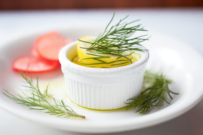 Camembert in a white ramekin, sprig of dill and lemon zest atop, created with generative ai AI generated