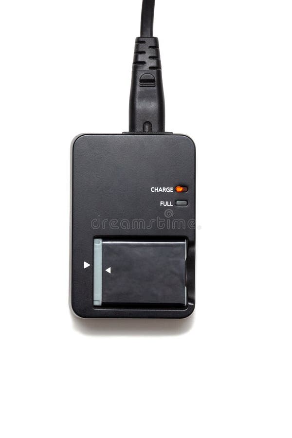 Camera Charger with Rechargeable Battery and Red Indicator on White