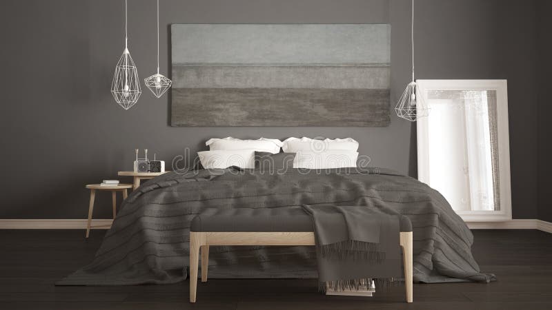 Camera da letto classica, stile moderno scandinavo, interio minimalistic