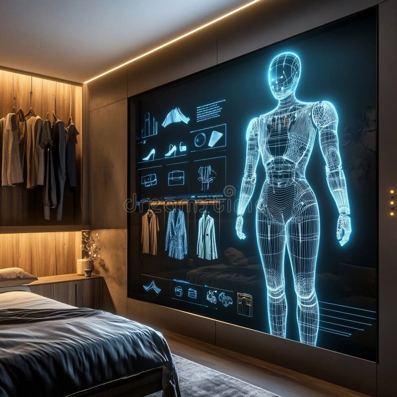 Camera da letto futuristica con uno schermo intelligente che mostra scelte di moda e una forma umana wireframe illustrazione vettoriale