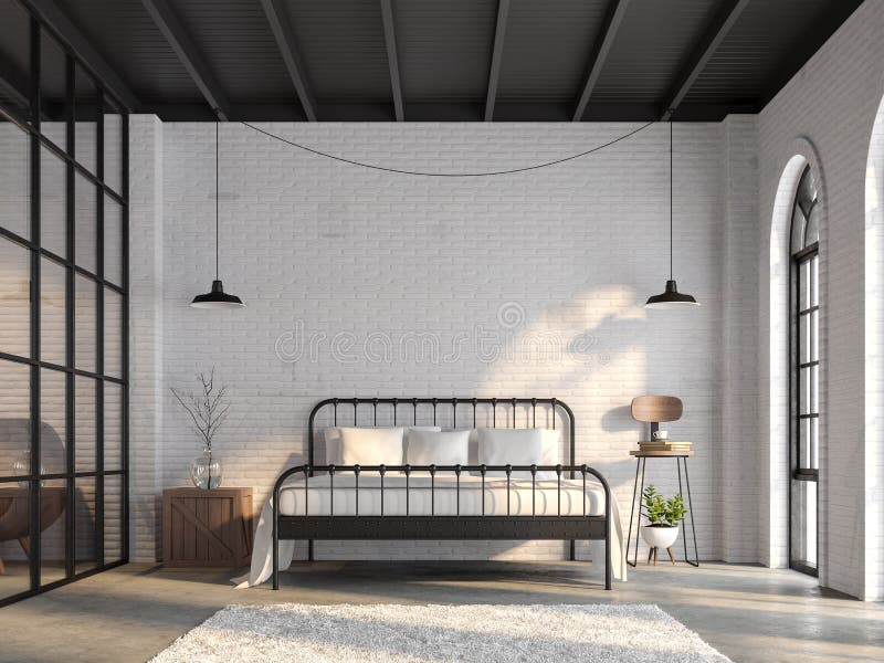 Camera da letto industriale 3d del sottotetto rendere illustrazione vettoriale Camera da letto industriale 3d del sottotetto rendere illustrazione vettoriale