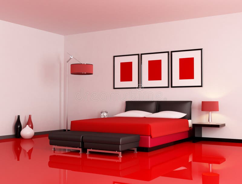 Camera da letto rossa e nera moderna. Camera da letto moderna con il pavimento rosso e la parete bianca - rappresentazione