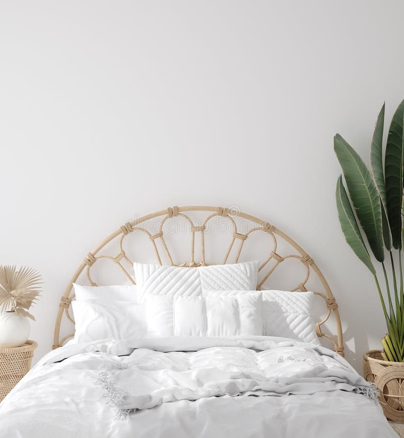 Camera da letto stile boho costiera, muro interno fotografie stock