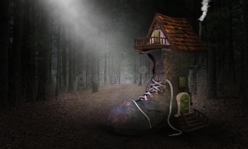 Old shoe house from a storybook fairytale. The fairy tale boot home is in a deep dark woods or forest. Old shoe house from a storybook fairytale. The fairy tale boot home is in a deep dark woods or forest.