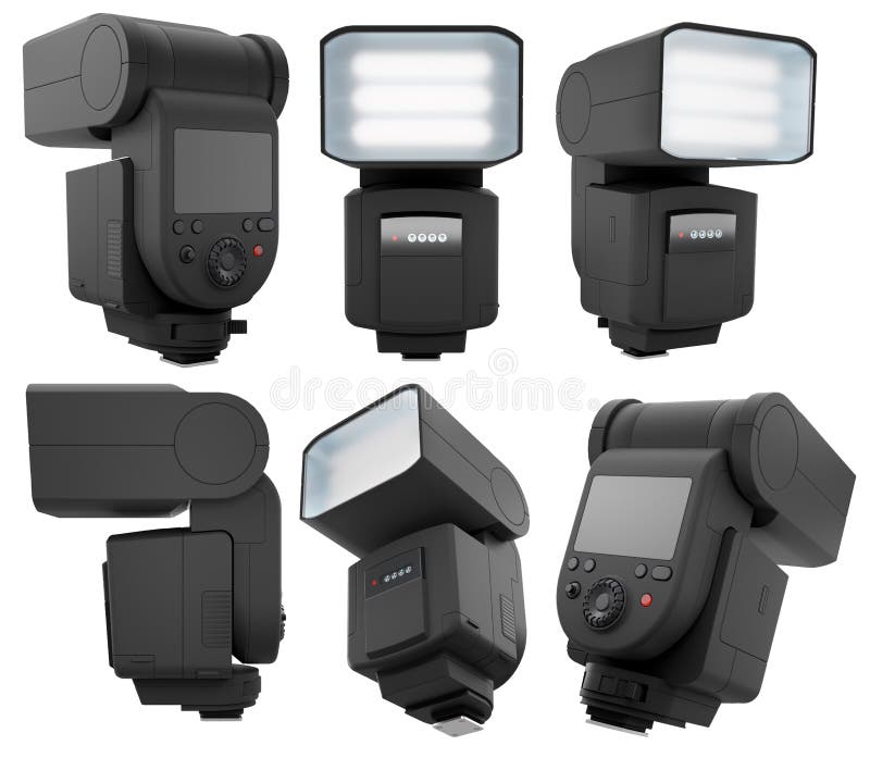 Camera External Flash Speedlight on Stand Isolated on White Background