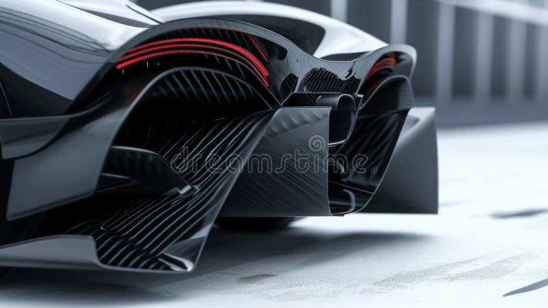 The camera focuses on the intricate details of a rear diffuser perfectly positioned to channel and control the airflow stock photography