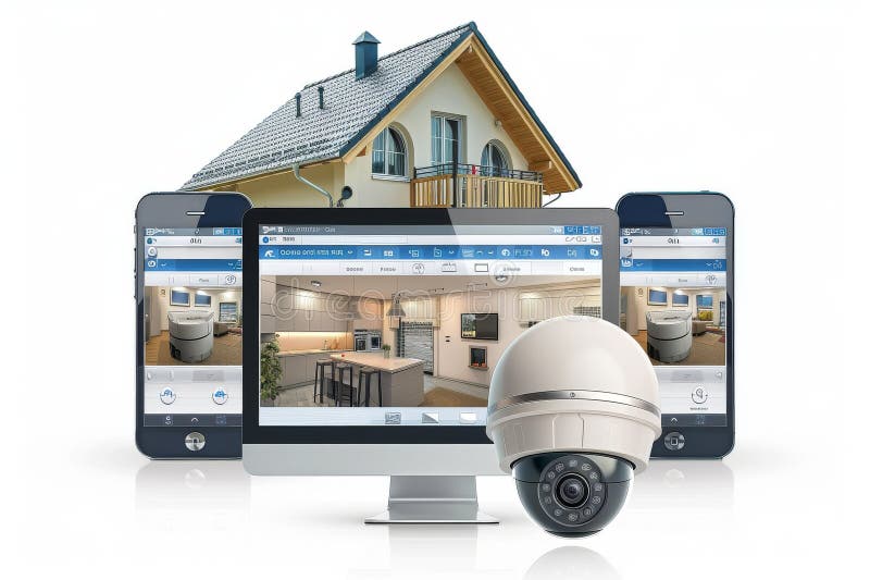 Intruziunea camerei în proprietăți păzite declanșează o supraveghere inteligentă a căminului, cu proprietăți de securizare a camer stock illustration