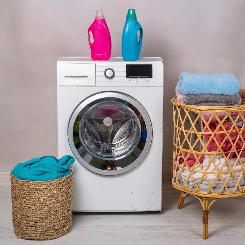 Laundry basket filled with clothes beside a washing machine stock illustration
