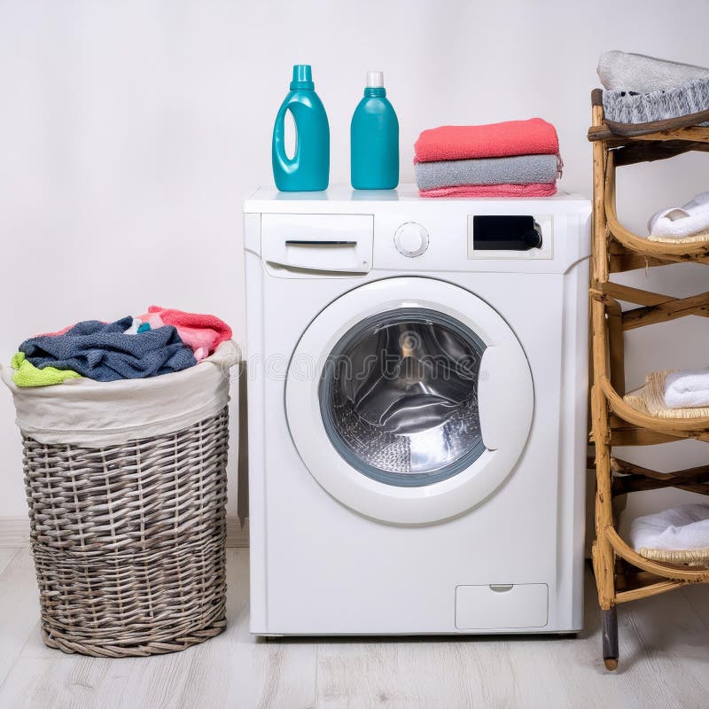 Laundry basket filled with clothes beside a washing machine royalty free illustration