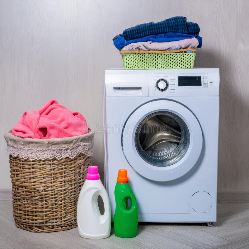 Laundry basket filled with clothes beside a washing machine stock illustration