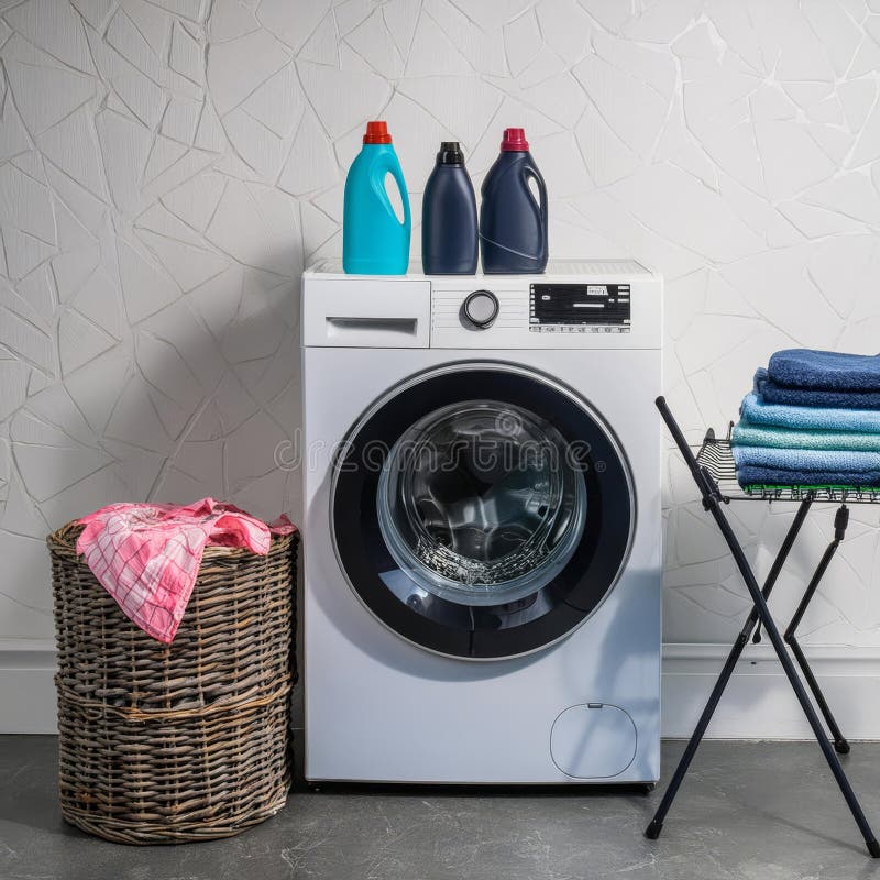 Laundry basket filled with clothes beside a washing machine royalty free illustration