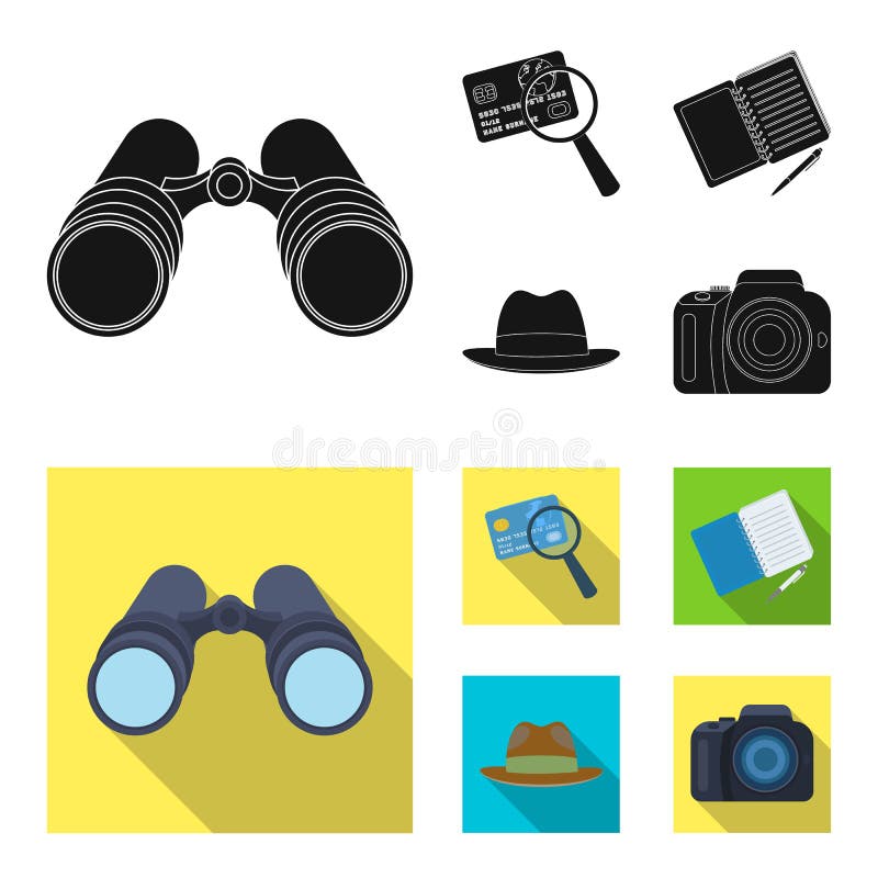 Camera, meer magnifier, hoed, notitieboekje met pen Pictogrammen van de detective de vastgestelde inzameling in de zwarte, vlakke stock illustratie Camera, meer magnifier, hoed, notitieboekje met pen Pictogrammen van de detective de vastgestelde inzameling in de zwarte, vlakke stock illustratie