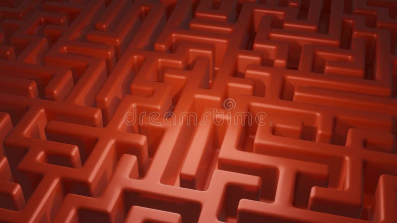 Camera moving over a red maze. The symbol to search for a solution to the problem. 3d animation with light effect. royalty free illustration