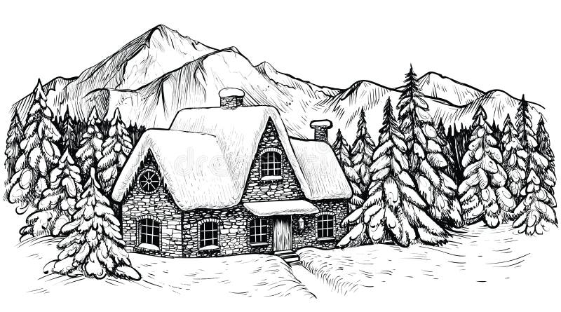 Camera nei mountines di inverno, coperti di neve e circondati dal paesaggio idilliaco di Natale di vettore della foresta dell'abe royalty illustrazione gratis Camera nei mountines di inverno, coperti di neve e circondati dal paesaggio idilliaco di Natale di vettore della foresta dell'abe royalty illustrazione gratis