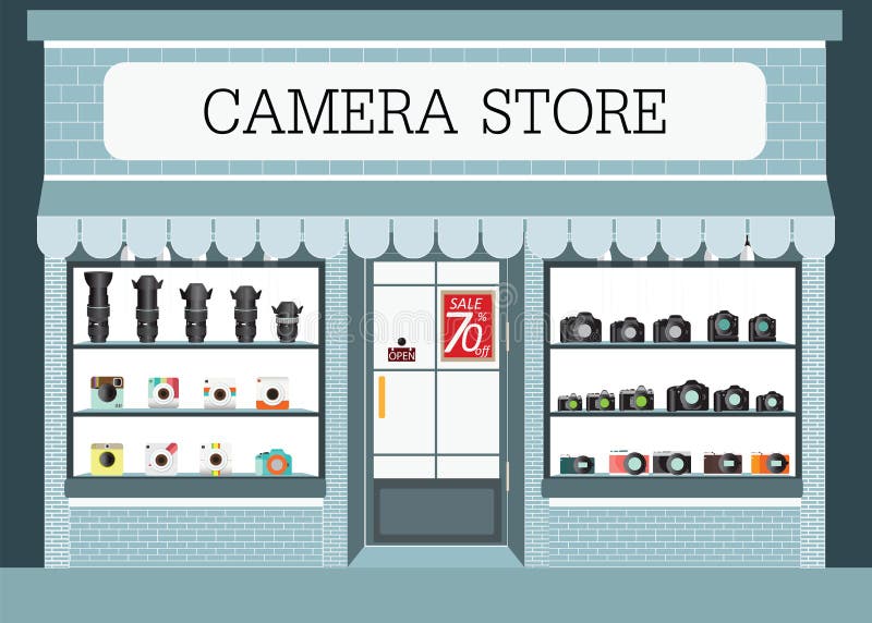 Camera store building and interior. stock illustration
