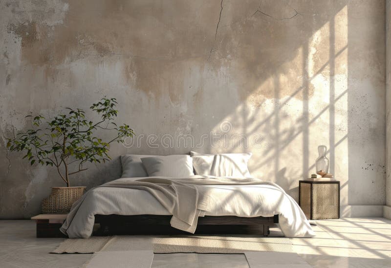 Camera in tonalità neutre un letto bianco beige e un muro. ai generative ai generato