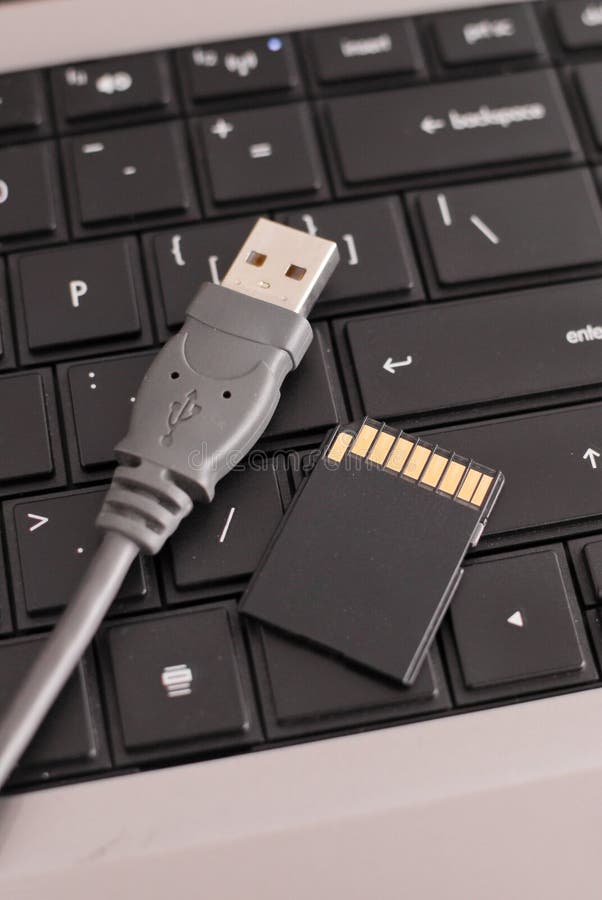Camera Memory Card and USB Cable on Computer. Usb data transfer stock images, royalty-free photos and pictures