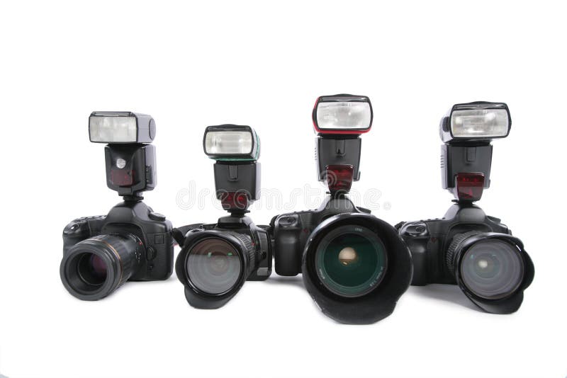 Cameras with Flashes on White Background Stock Photo Image of shutter, media 6579878