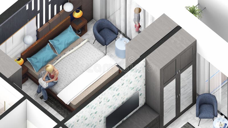 4 bed Family apartment isometric bedroom close up rendering. 4 bed Family apartment isometric bedroom close up rendering.